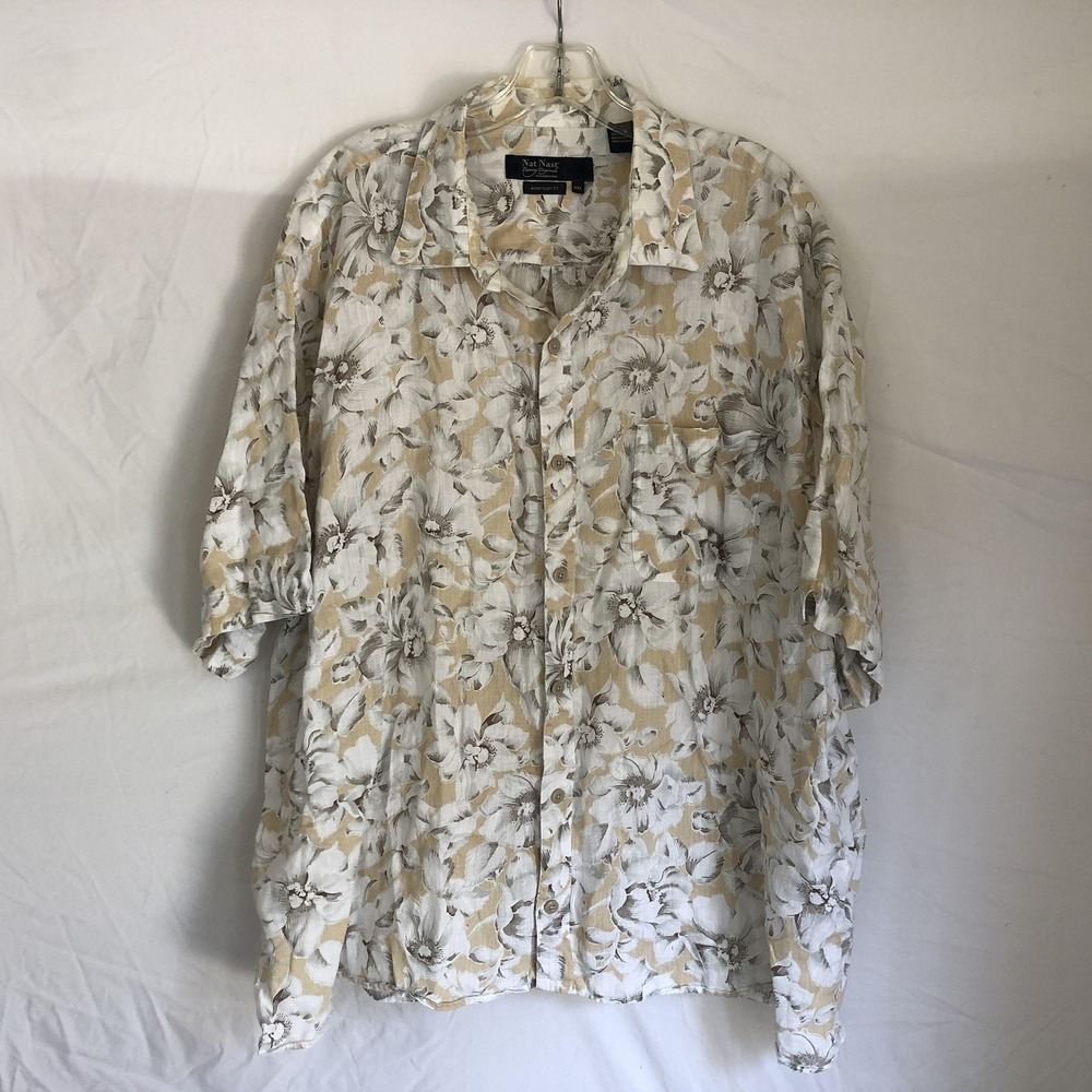 Nat Nast Shirt Mens 2XL Beige Floral Cotton Short Sleeve Button Front Tropical